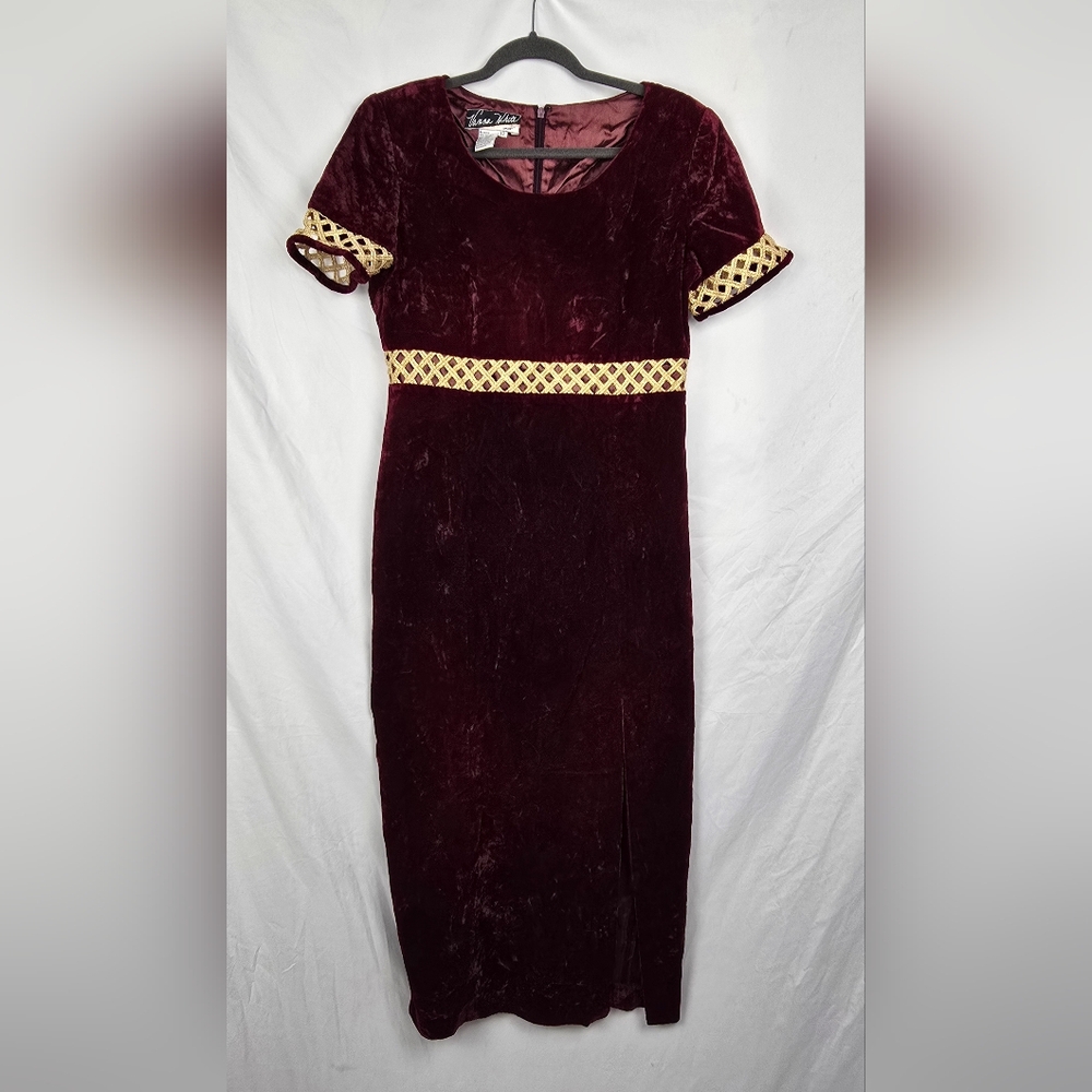 Vanna White Velvet Glittery Gold Trim Long Elegant Vintage Dress sz 12